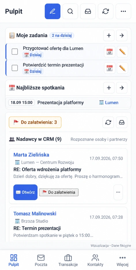 Widok mobilny CRM: zadania, spotkania i korespondencja