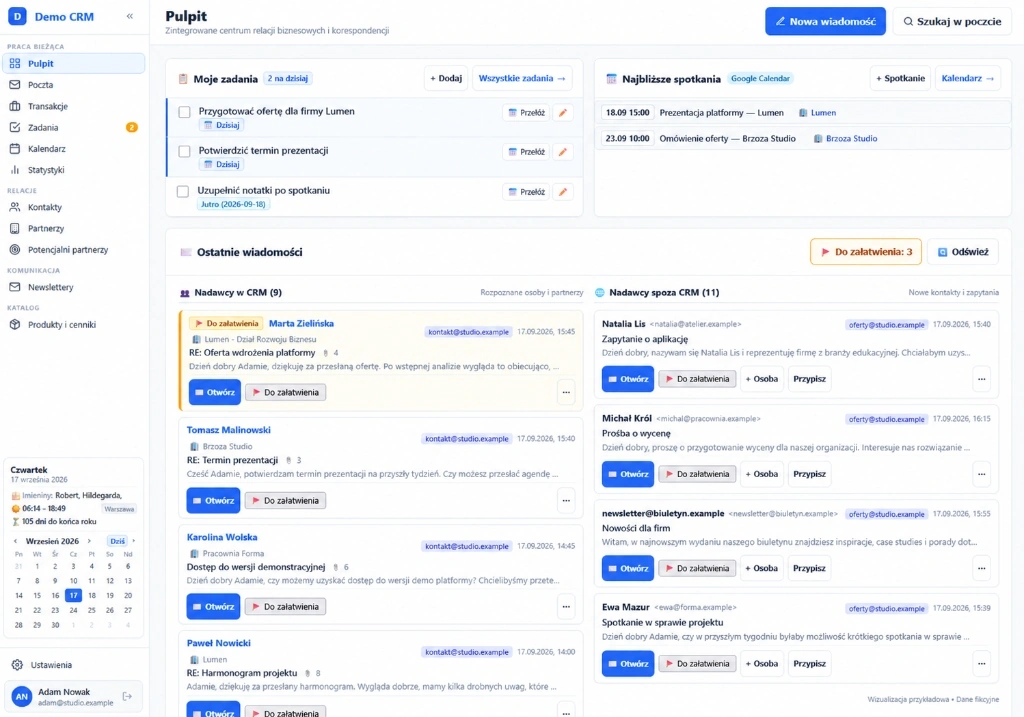 Pulpit CRM: zadania, spotkania i korespondencja z połączonych skrzynek — widok poglądowy z fikcyjnymi danymi