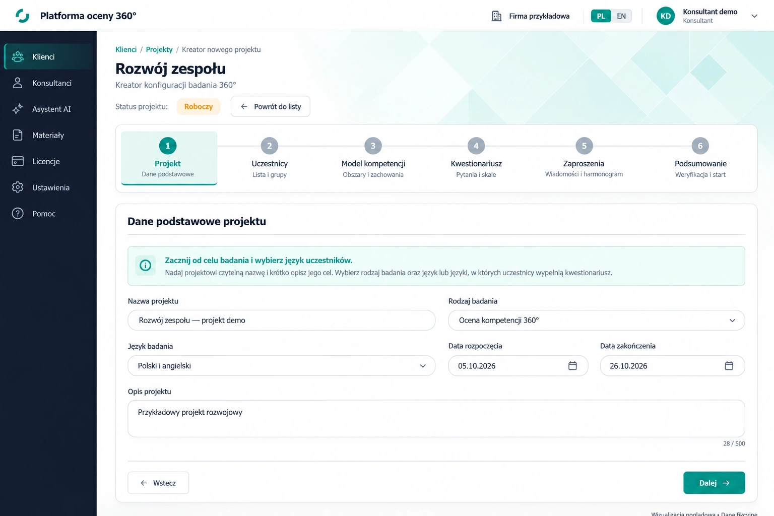 Kreator projektu oceny kompetencji 360° — ekran poglądowy z fikcyjnymi danymi